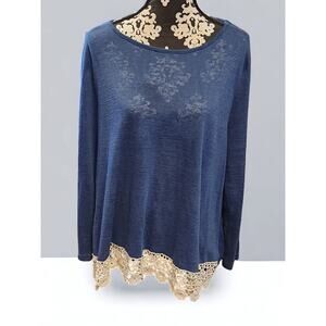 Umgee Tunic Top Cover Sheer Dress Navy Blue Ivory Crochet Trim 2XL Womens Big